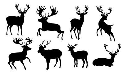 Christmas reindeer silhouettes set. Collection of black deer icons, Logo, symbols. Winter elements for decor and holiday postcards. Monochrome black illustrations isolated on transparent background.