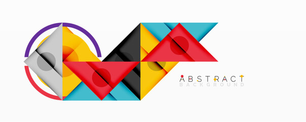 Abstract geometric composition with overlapping triangles, circles, and gradients, featuring a central circular design with text