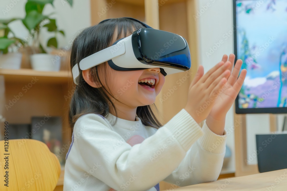 Aufkleber child claps with excitement while interacting with virtual reality, showcasing the joy of immersive 