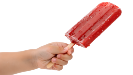 A kid hand holding red Popsicle ice cream isolated on white or transparent background.