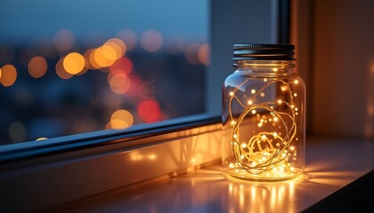 Mason jar with glowing fairy lights on a windowsill at dusk