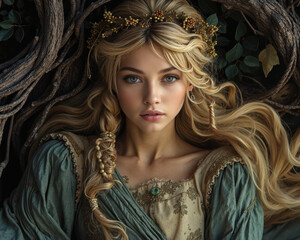 Portrait of a young blonde woman in a fantasy dress with a flower crown among tree branches. Dark and mysterious atmosphere.