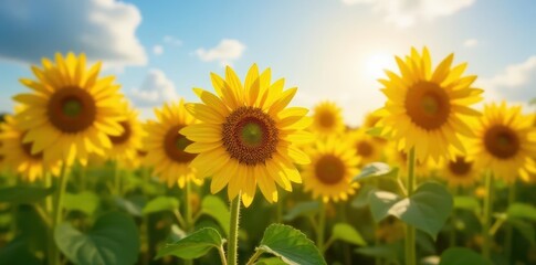 Obraz premium Sunflowers in full bloom, close-up view of a sun-drenched field , petals, image