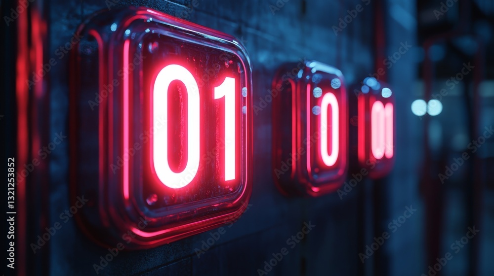 Fototapete Bright red digital displays show the binary states of 0 and 1, symbolizing the foundational elements of quantum computing.