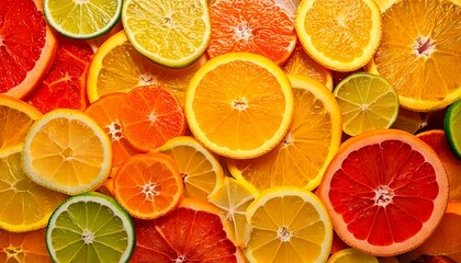 Obraz premium A close-up view of sliced citrus fruits, including oranges, lemons, and limes, arranged in a visually appealing pattern with bright colors and juicy textures.