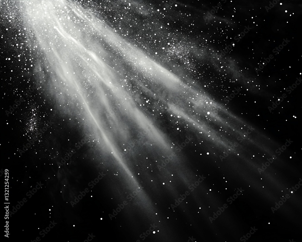 Poster grayscale image of converging light beams and scattered particles