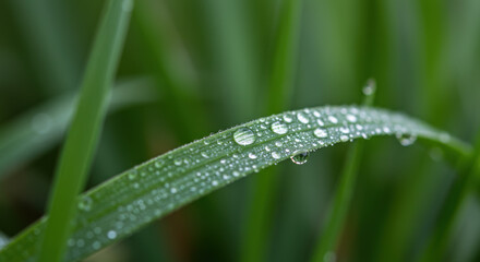 Obraz premium A single blade of grass glistens with delicate water droplets in a serene, close-up view.