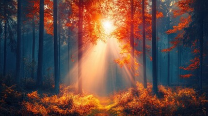 Autumn sunbeams through misty forest