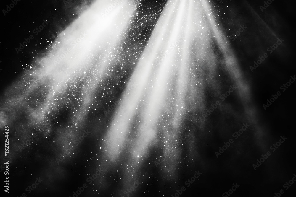 Poster grayscale image of light beams and scattered particles on black background