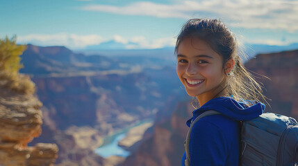 Naklejka premium young indian woman standing on top of mountain