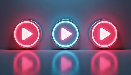 Three neon play buttons glowing in dark reflective background