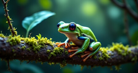 Fototapeta premium Macro close-up of a tiny tree frog resting on a moss-covered branch with reflective eyes and glistening green skin, frog on the branch