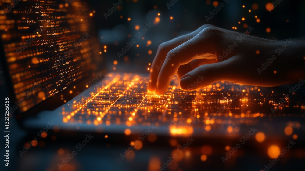 Poster A hand interacts with a glowing keyboard as quantum concepts like qubits and entanglement animate the digital workspace. Security protocols are being developed to combat eavesdropping.