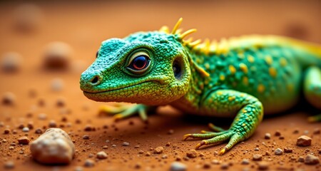 Obraz premium Extreme close-up of a lizard’s textured skin with vibrant green and yellow scales covered in water droplets, green lizard on a sand