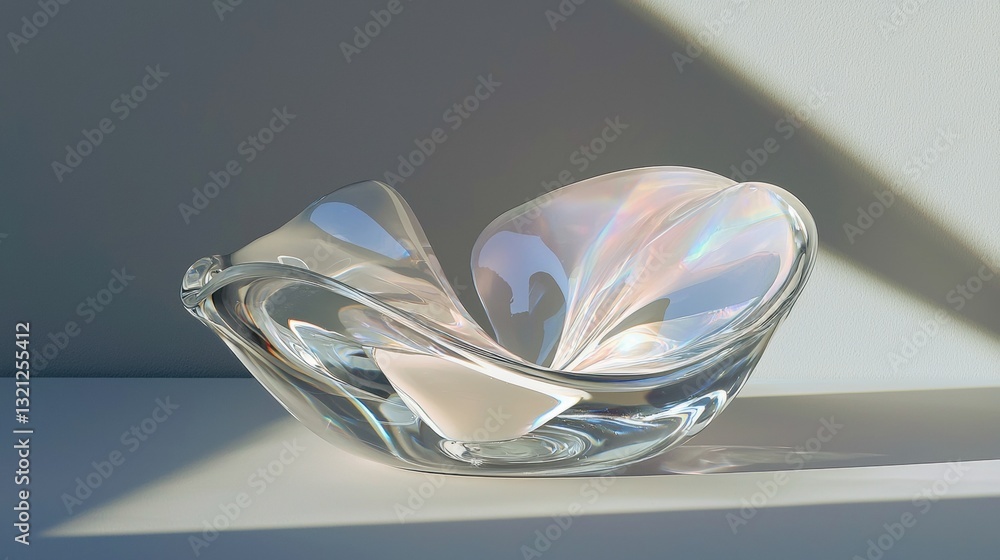 Poster 3d rendering of a glass bowl on a white surface. the bowl is made of clear glass and has a unique sh