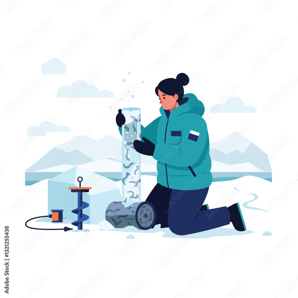 Poster scientist analyzing ice core with tools in cold environment flat vector illustration