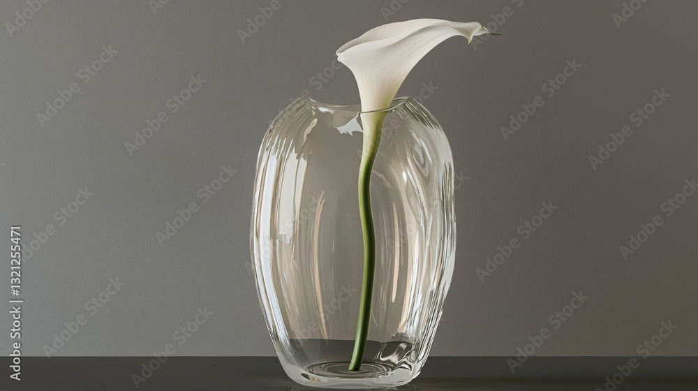 Poster 3d rendering of a glass vase with a single white calla lily in it. the vase is tall and slender with