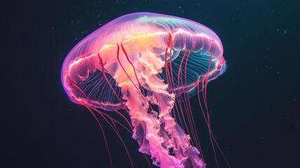 Obraz premium Close-up of a jellyfish floating in the ocean. the jellyfish has a long, slender body with a pink and purple color scheme.