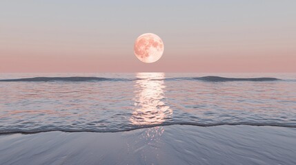 Photograph of a full moon rising over the ocean. the sky is a beautiful shade of pink and orange, with the moon partially visible in the center of the image.
