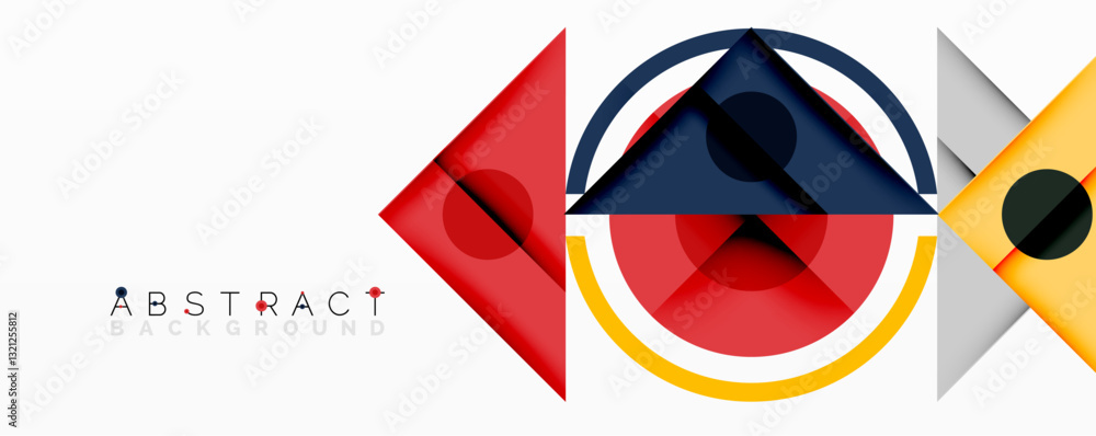 Poster abstract geometric composition with intersecting triangles, circles, and gradients, creating a dynam