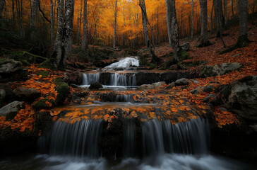 Fototapeta premium Beautiful autumn forest with a waterfall and mossy rocks in the middle of nature, vibrant autumn colors, a beautiful autumn landscape, a beautiful autumn scenery, an autumn scene, nature photograp