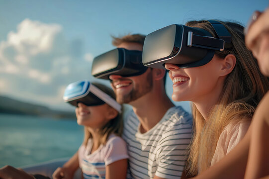 Happy family wearing virtual reality headsets, enjoying a virtual travel destination together, innovative technology for immersive experiences