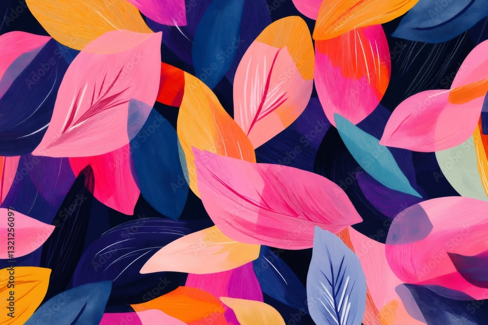Poster colorful floral pattern overlapping abstract petals creating a vibrant design, perfect for backgroun