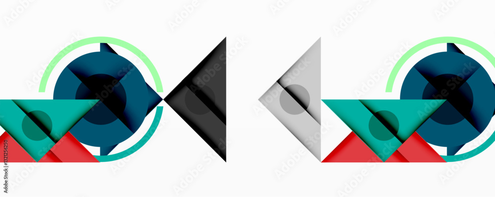 Aufkleber Abstract geometric composition with overlapping triangles, circles, and gradients, featuring a central circular design with text
