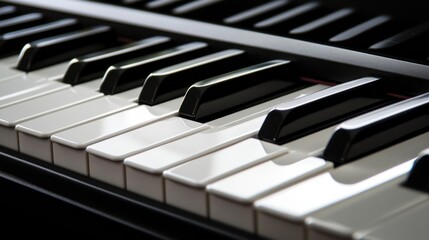 Naklejka premium Close-up view of a piano keyboard emphasizing the black and white keys and their rhythmic arrangement for music creation