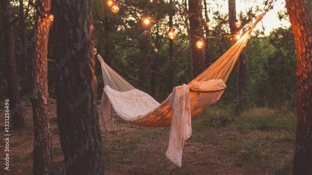 Poster hammock hanging between two trees in a forest. the hammock is made of orange rope and is secured to 