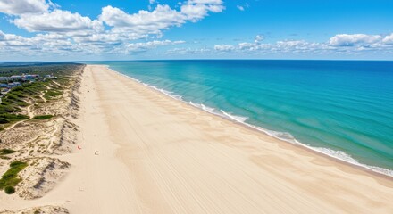Aerial View of a Serene Beach with Gentle Waves and Clear Sky