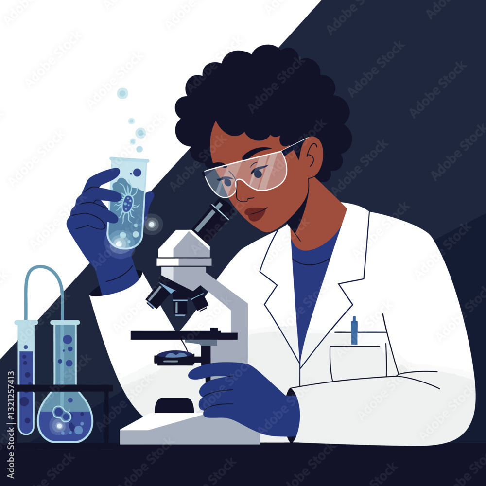 Poster scientist examining samples with microscope in flat vector illustration style