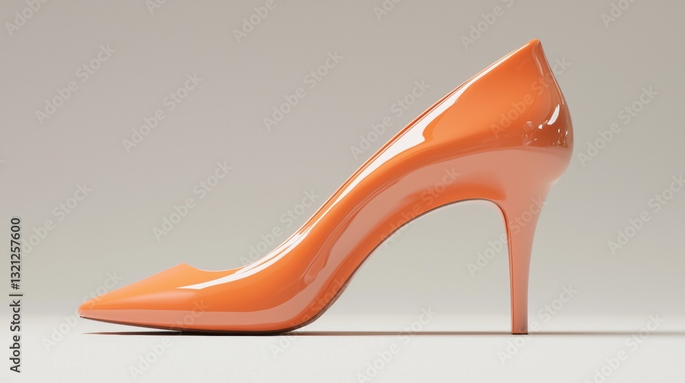 Poster 3d rendering of a high-heeled shoe in an orange color. the shoe has a pointed toe and a stiletto hee