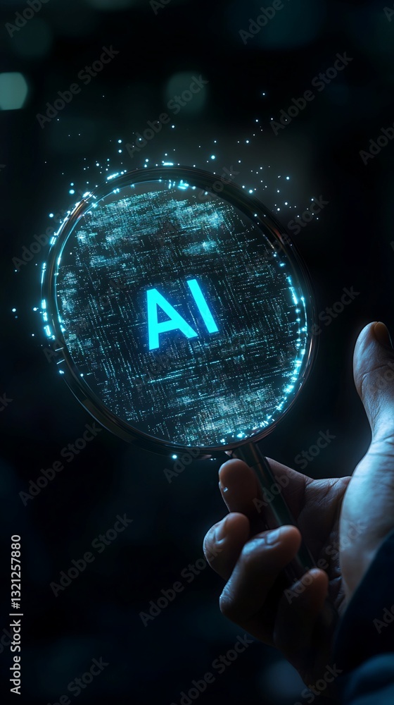 Poster hand holding magnifying glass displaying ai within digital code
