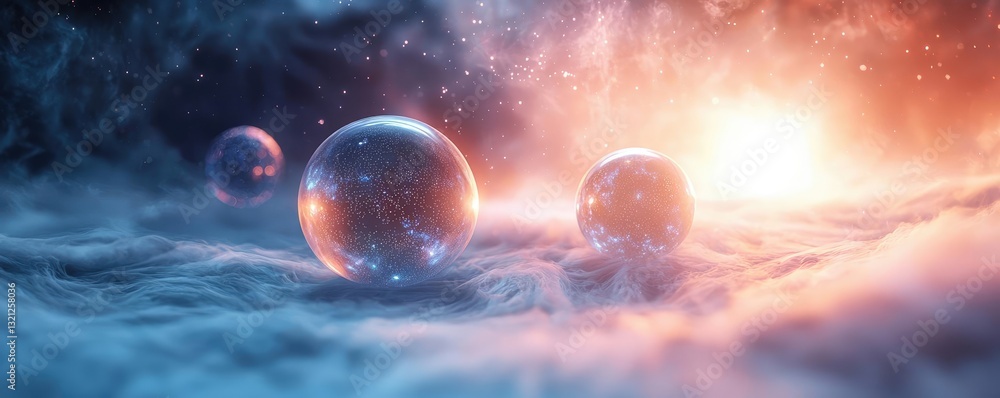 Poster 3d abstract art background concept. a mesmerizing cosmic scene with glowing orbs amidst colorful neb