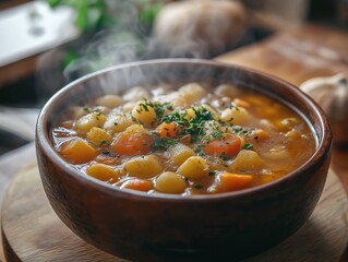 Wholesome Homemade Vegetable Soup: Organic Carrots and Potatoes Simmering in Aromatic Herbs for a Cozy Winter Meal