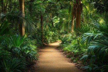 winding path through lush tropical green forest, generative AI