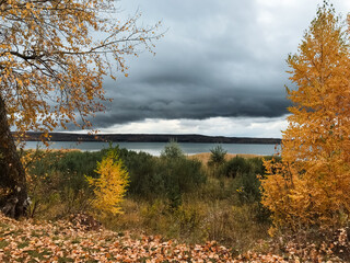 Visualize a peaceful lake encircled by colorful trees, all under a cloudy sky. This picturesque...