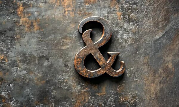Rusty ampersand on textured, weathered gray metal background