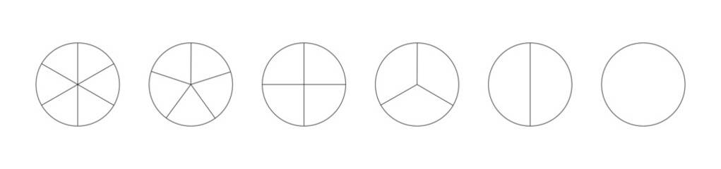 Circle division on from 1 to 6 equal parts. Round divided diagrams with from one to six segments. Infographic set. Coaching blank. Outline graphics. Set of pizza, pie charts. Segmented pinwheel black.