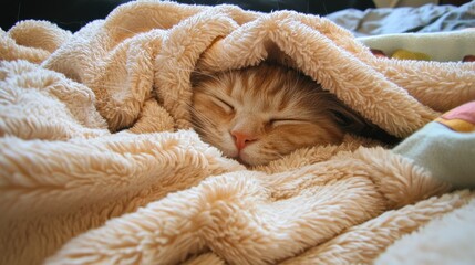 Small orange kitten sleeping peacefully under a beige blanket. the kitten's eyes are closed and its head is resting on its front paws.