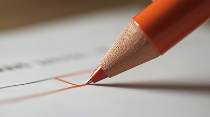 Close-up of a red pencil erasing a line on a piece of paper. the pencil is positioned in the center of the image, with the tip pointing towards the right side of the paper.