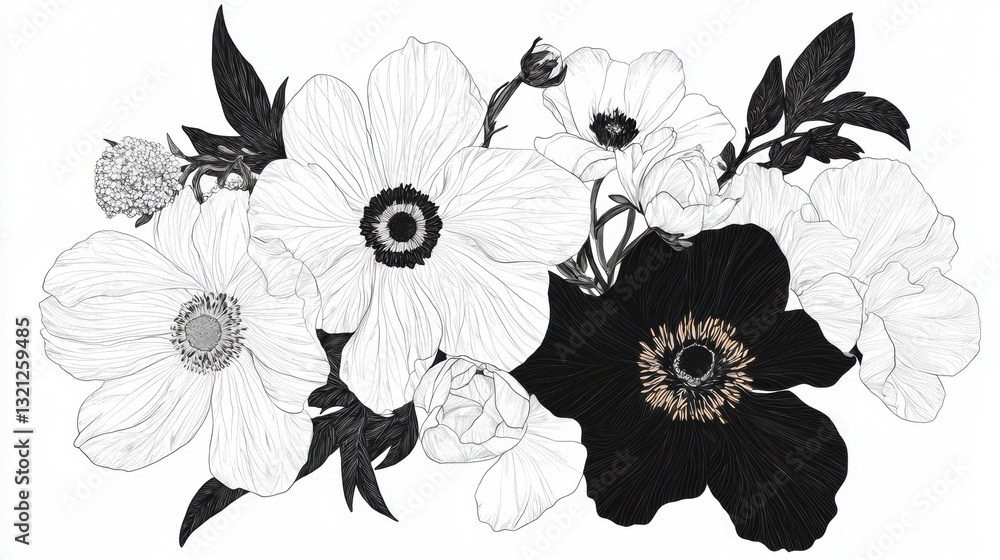 Poster black and white illustration of a bouquet of flowers. the flowers are arranged in a way that they ar
