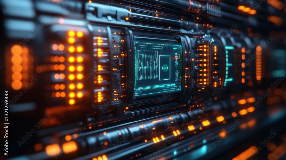 Fototapete Deep within a quantum computing lab, intricate circuits illuminate with orange and blue lights, displaying complex data processing related to qubits and neural algorithms.