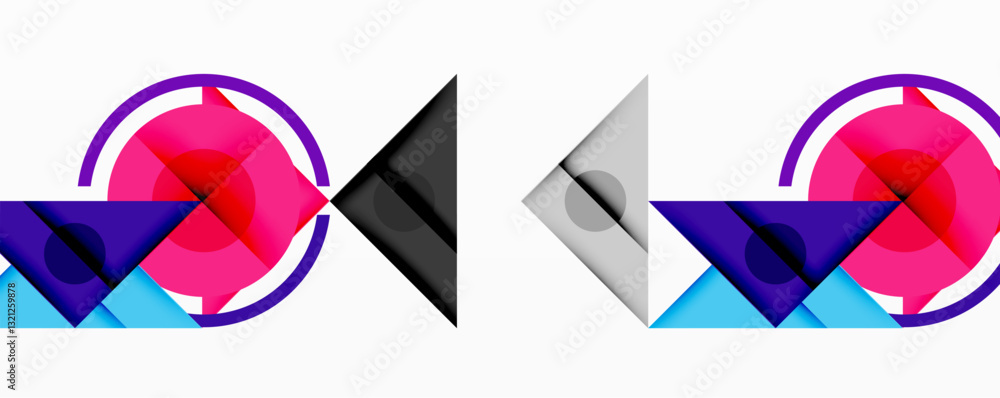 Poster Abstract geometric composition with overlapping triangles, circles, and gradients, featuring a central circular design with text