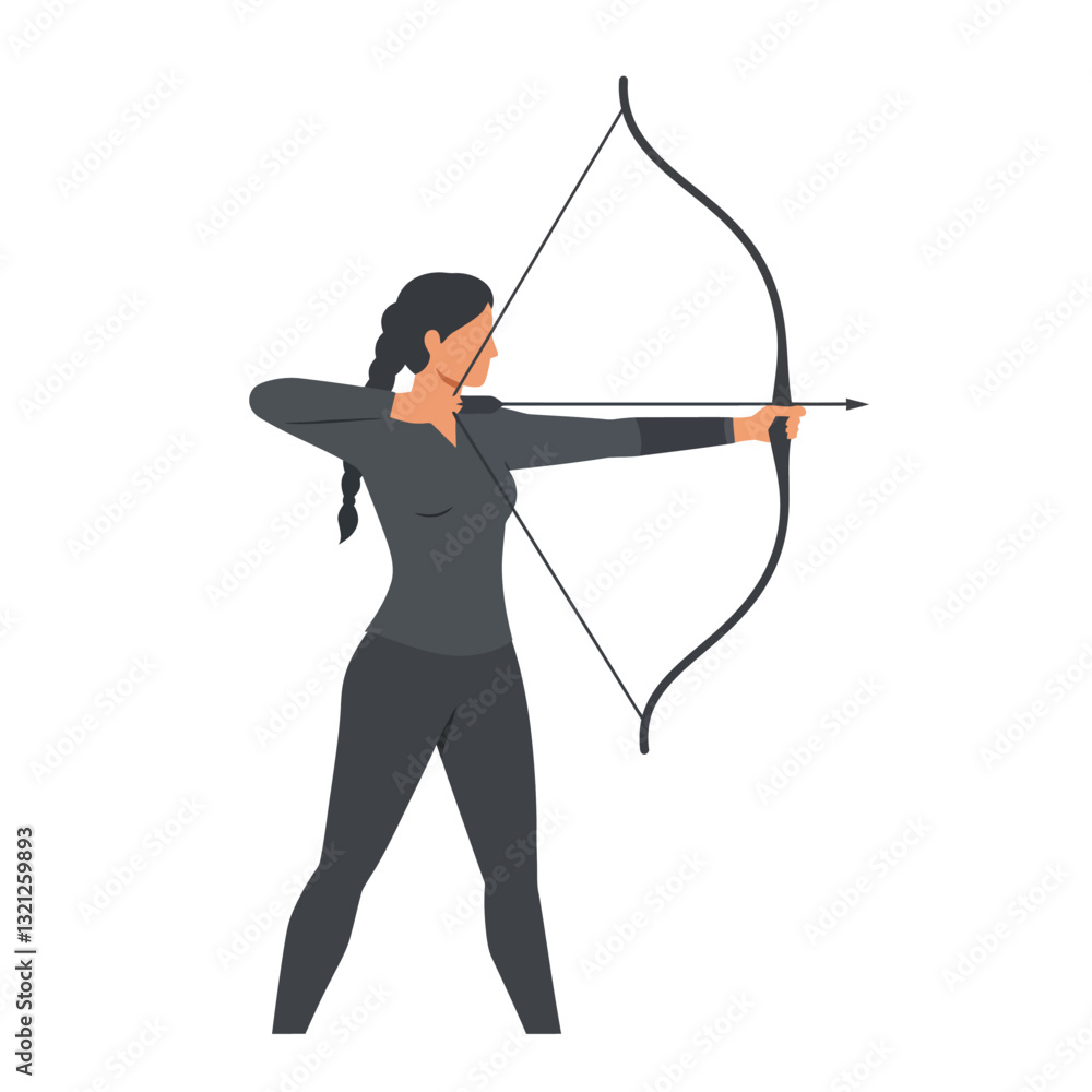 Poster archer drawing bow in dynamic pose with flat design style vector art