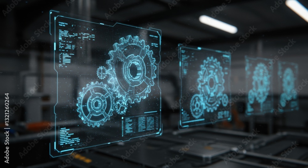 Poster advanced mechanical engineering holographic gears design on futuristic interface screens