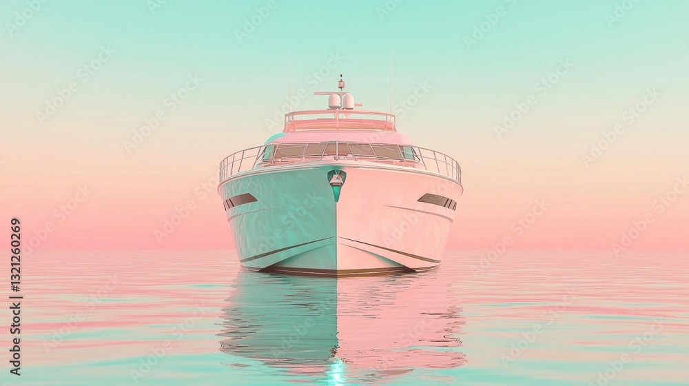 Poster digital illustration of a large white yacht floating on the water. the yacht has a unique design wit