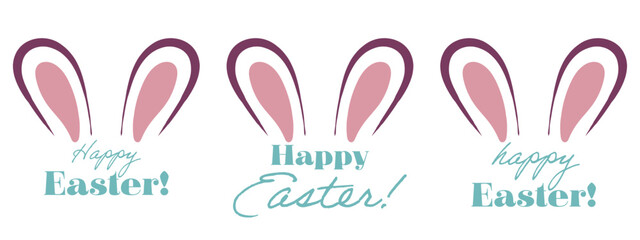 Easter set icon. Bunny ears, whiskers, heart-shaped nose, festive lettering, holiday greeting, decorative design, pastel tones, celebration theme, springtime illustration, cheerful composition