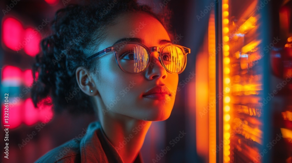 Leinwandbilder A person is engaged in studying quantum computing principles, analyzing colorful lights and data interactions in a modern technology facility focused on qubits and neural networks.
